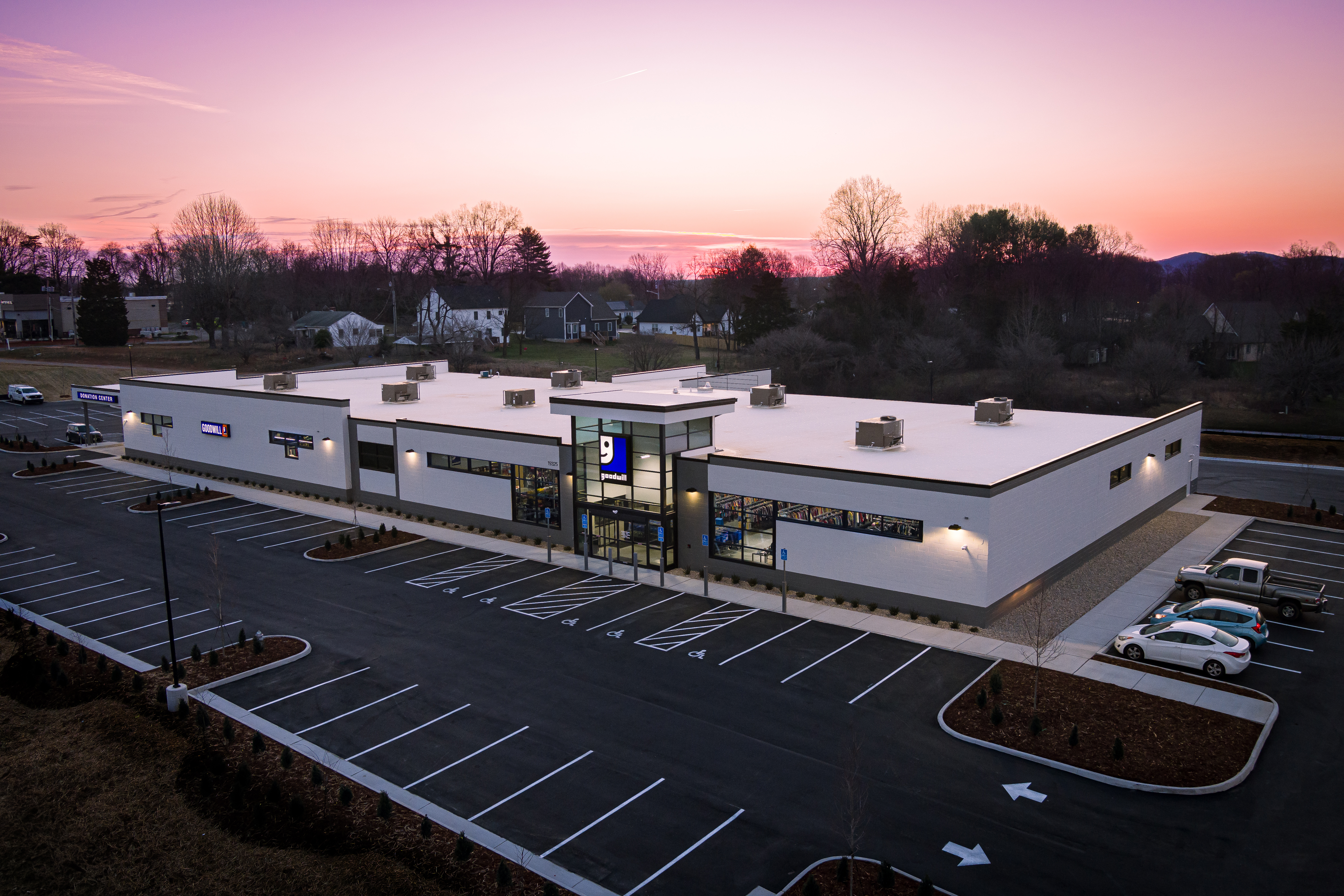 drone photo of the entire Goodwill building from the southeast corner